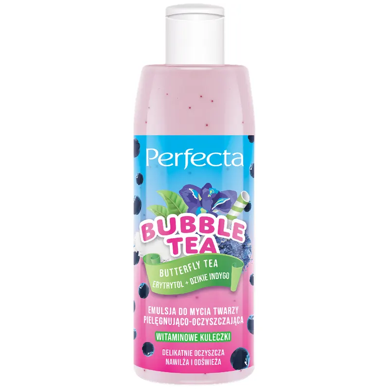 Perfecta Bubble Tea Butterfly Tea pielęgnująco-oczyszczająca emulsja do mycia twarzy z erytrytolem, dzikim indygo, ekstraktem z niebieskiej herbaty, zieloną herbatą i witaminą E 300 ml
