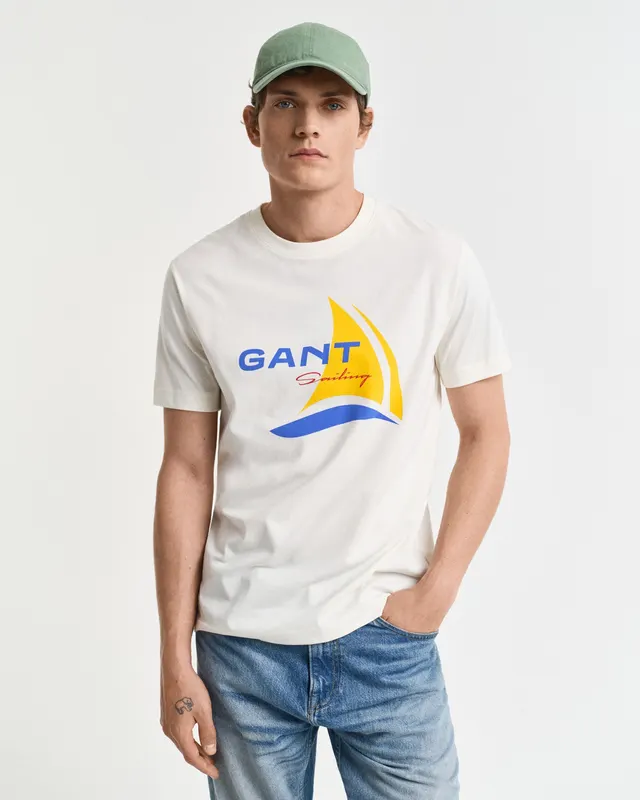 Gant T-Shirt Męski Z Nadrukiem Regular Fit Kremowy