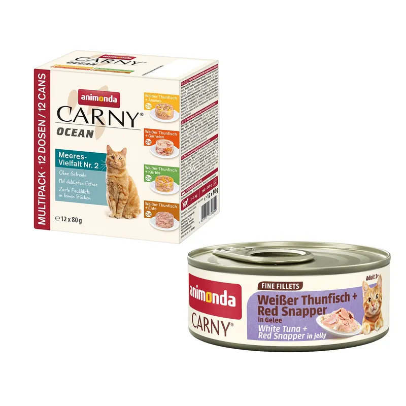 animonda Carny: Ocean, 12 x 80 g + Adult Fine Fillets w galarecie, 60 g gratis! - 4 smaki, mieszany pakiet II + Biały tuńczyk i lucjan czerwony