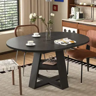 Rozsuwany stół jadalny, 110/150*110 cm, dla 4–6 osób, okrągły stół, stół jadalny z miejscem do przechowywania i półkami, czarne usłojenie drewna
