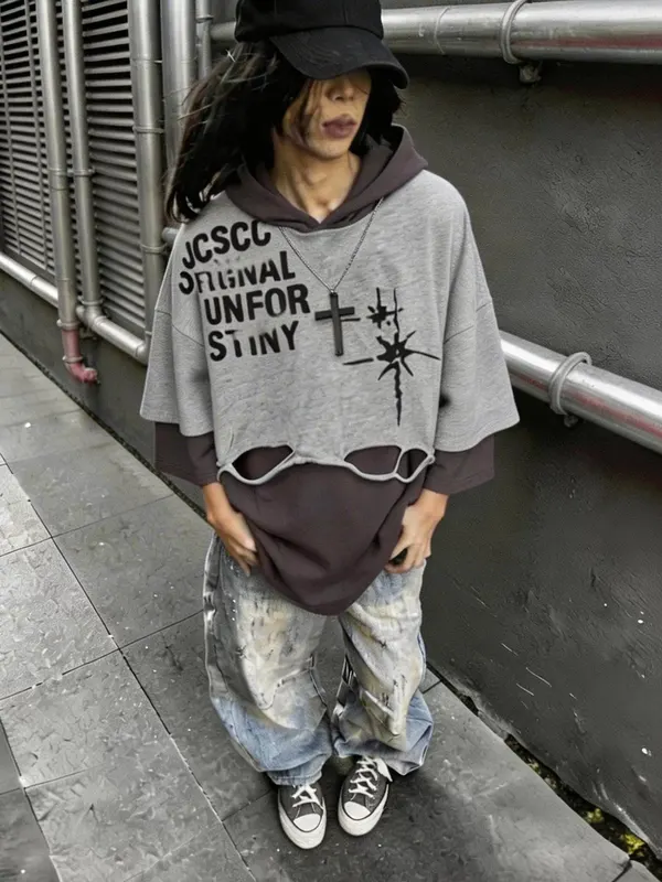 Unsiex Gothic Punk Hoodies 2026 New Hip Hop Vintage Hooded Loose Fake Two Piece Letters Print Casual Street Short Sleeve T-shirt