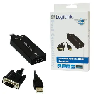 LogiLink VGA adapter, HD15/M to HDMI-A+3.5 mm+Micro-USB, FHD, czarny, 0.15 m