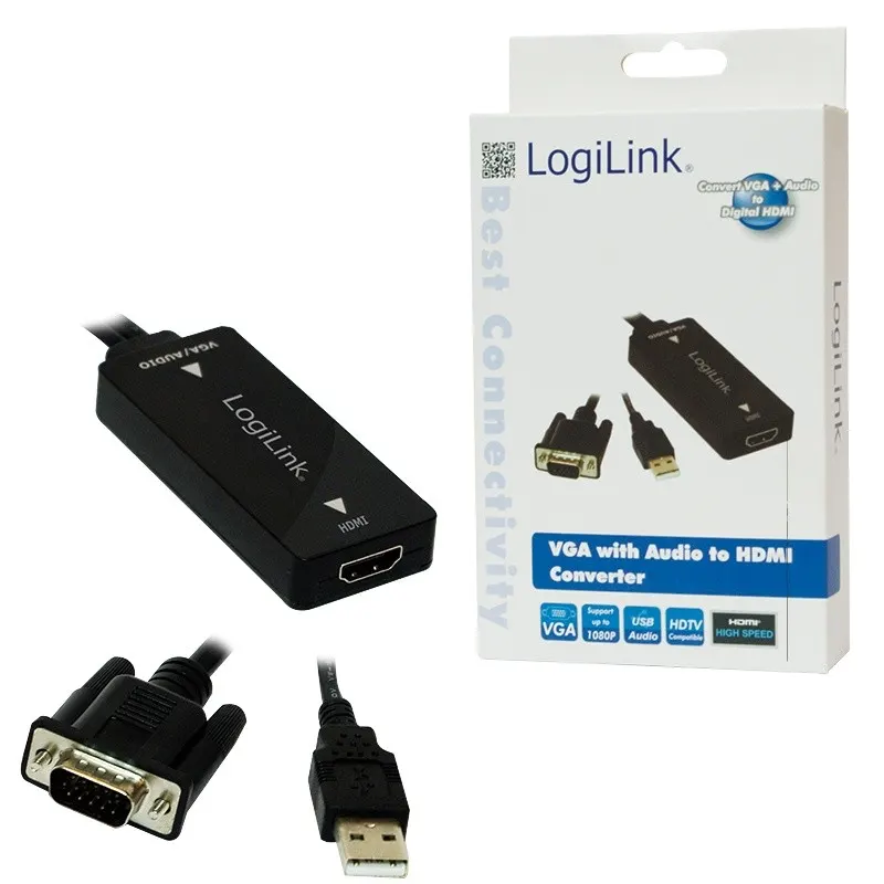 LogiLink VGA adapter, HD15/M to HDMI-A+3.5 mm+Micro-USB, FHD, czarny, 0.15 m