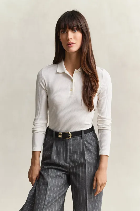 Gant Koszulka Polo Prążkowana Damska Slim Fit Kremowa
