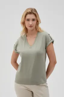 Gładki t-shirt z dekoltem w serek oliwkowy