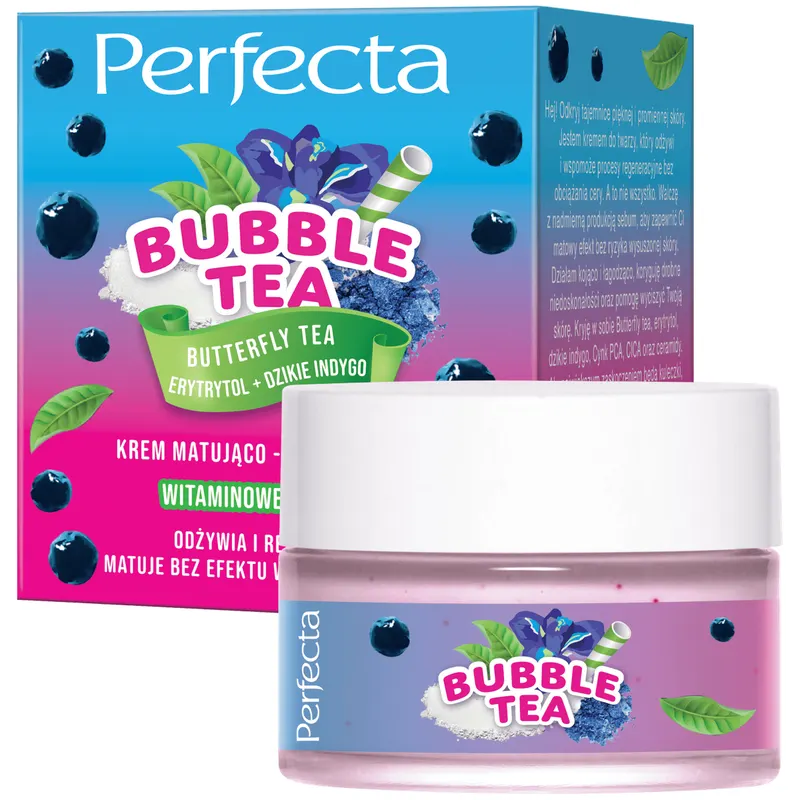 Perfecta Bubble Tea Butterfly Tea matująco-regenerujący krem do twarzy z erytrytolem, dzikim indygo, cynkiem PCA, ceramidami, CICA, masłem shea i peptydem 50 ml