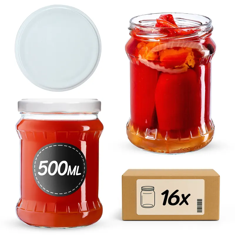 Słoiki na przetwory Kisko 500ml 16szt fi 82 mm + wieczka białe