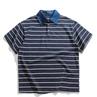 Summer Japanese Retro Amikaji Striped Short Sleeved Polo Shirt for Men and Women Loose Denim Lapel Patchwork Sea Soul Shirt