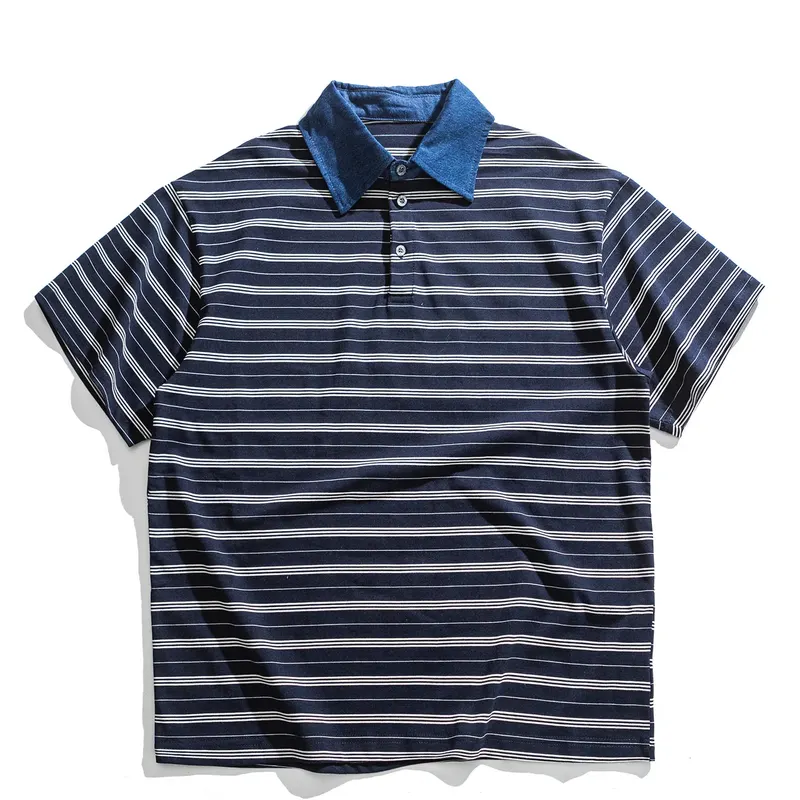 Summer Japanese Retro Amikaji Striped Short Sleeved Polo Shirt for Men and Women Loose Denim Lapel Patchwork Sea Soul Shirt