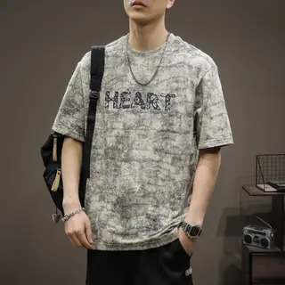2024 Summer New Round Neck Heavyweight T-shirt Men's American Retro distressed Washed Cotton Fashion Trend Letter Embroidery Top