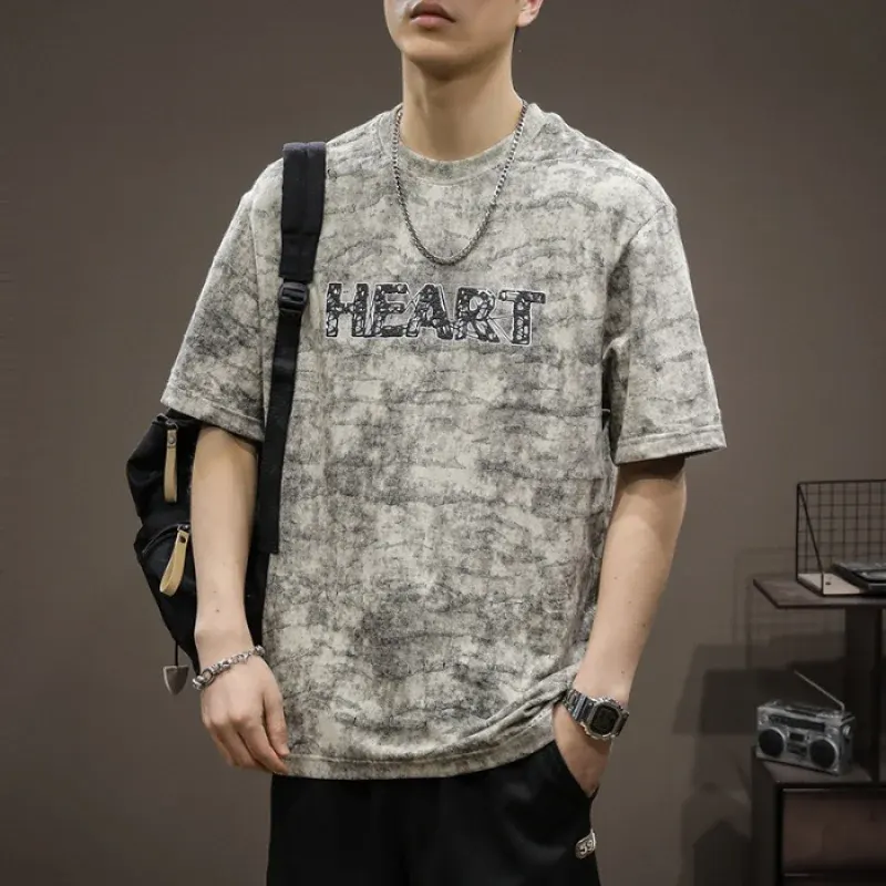 2024 Summer New Round Neck Heavyweight T-shirt Men's American Retro distressed Washed Cotton Fashion Trend Letter Embroidery Top