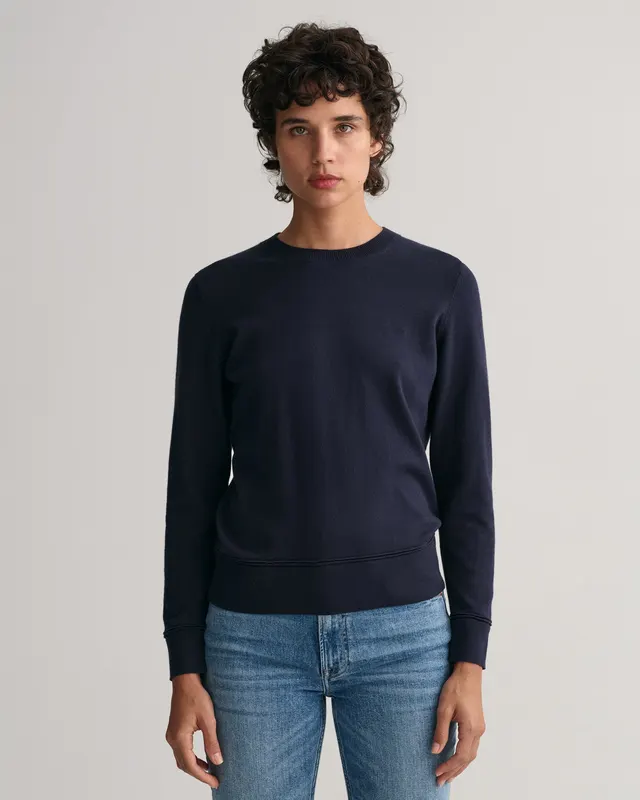 Gant Bawełniany Sweter Damski Z Okrągłym Kołnierzykiem Regular Fit Granatowy