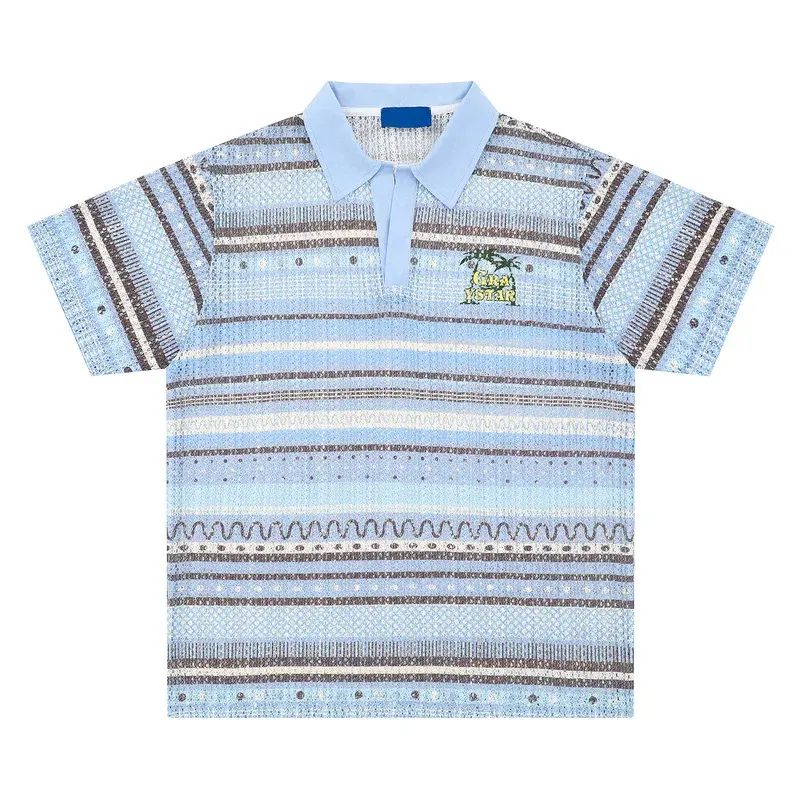American Retro Gradient Striped Hollow POLO Shirt Short Sleeved T-shirt for Men and Couples Loose Casual Top Soft and Breathable