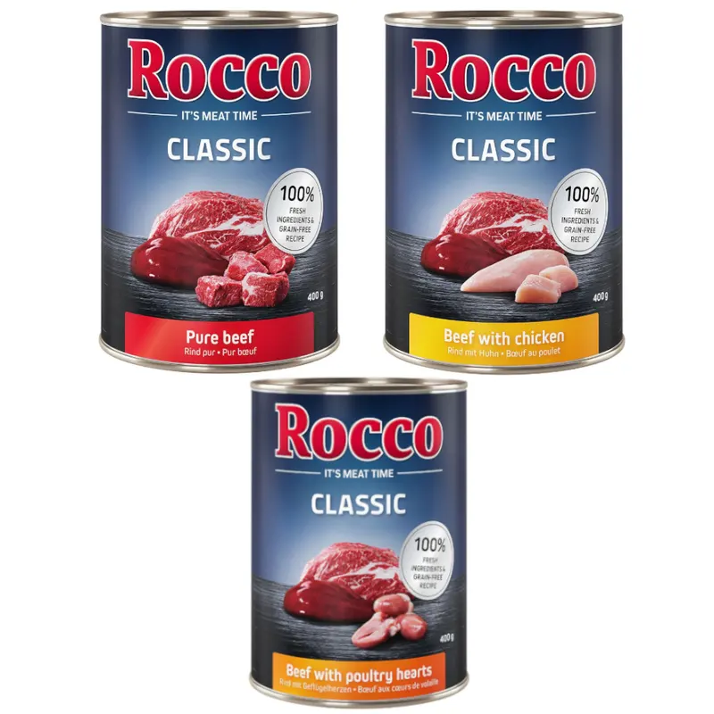 Mieszany pakiet próbny Rocco Classic, 6 x 400 g  - Mix I: czysta wołowina, wołowina/serca drobiowe, wołowina/kurczak
