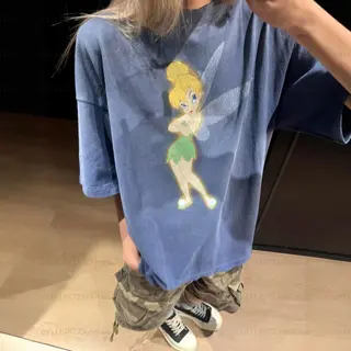 Washed Short Sleeve Loose Cartoon Top Free Optimist Fairy Sprite Print Comfortable Cotton round Neck Tee Casual Oversized TShirt