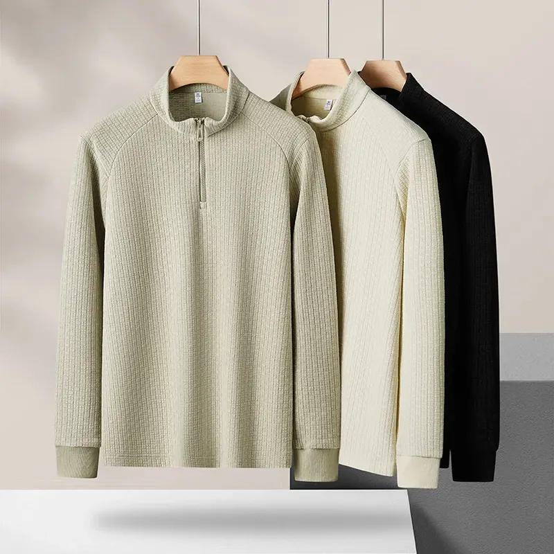 Autumn and Winter Mulberry Silk and Merino Wool Blend Men's Slim-Fit Fashionable Plaid Jacquard Half-Zip Stand Collar Long-Sleeve Top