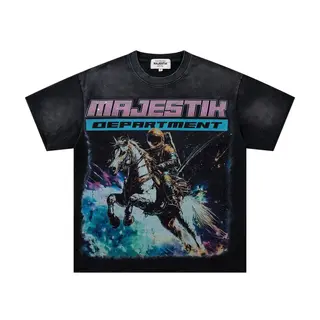 MAJESTIK Washed Vintage Short-Sleeved T-Shirt - Loose Fit Round Neck with Beaded Letter Print for Men and Women, Casual Shirt