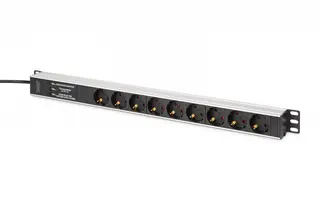 Digitus Listwa zasilająca PDU Rack (620mm) z zabezpieczeniem przeciwprzepięciowym + filtr EMI/RFI, 9 gniazd Schuko CEE 7/3 (45°), kabel 2m wtyk Unisch