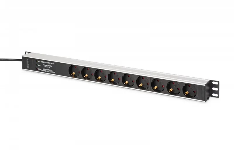 Digitus Listwa zasilająca PDU Rack (620mm) z zabezpieczeniem przeciwprzepięciowym + filtr EMI/RFI, 9 gniazd Schuko CEE 7/3 (45°), kabel 2m wtyk Unisch