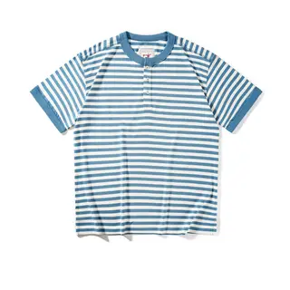 Classic American retro men's T-shirt fashionable Henry collar striped short sleeved T-shirt, all cotton washed T-shirt loose fit
