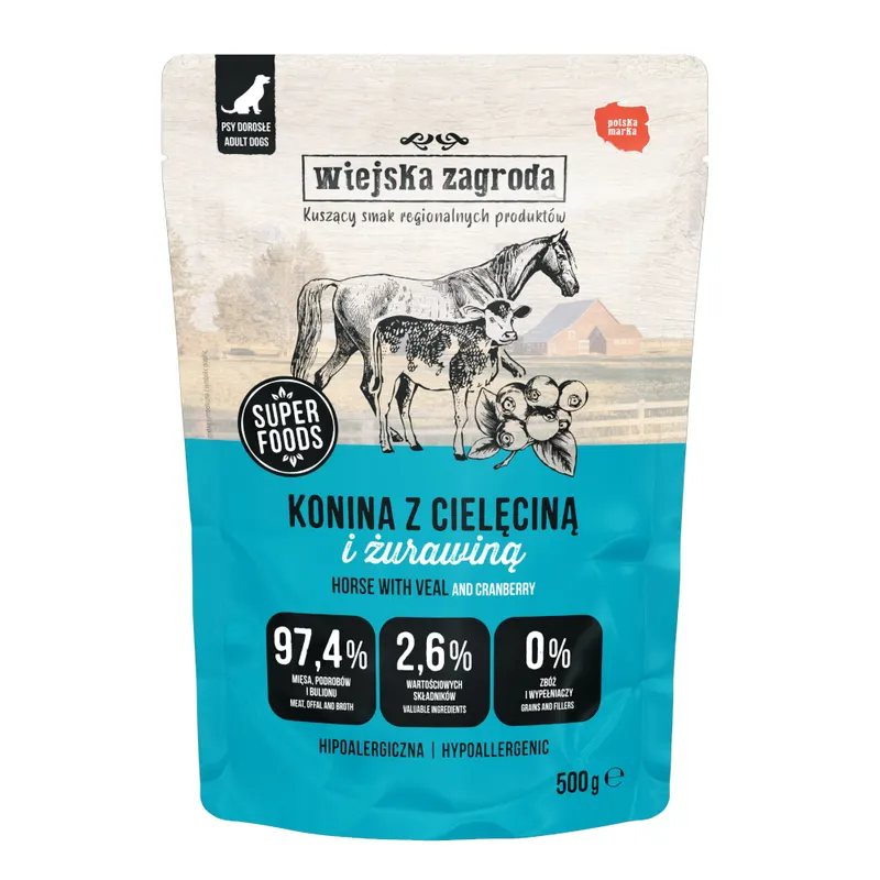 Korzystny pakiet Wiejska Zagroda dla psa, saszetki, 2 x 500 g - Konina z cielęciną