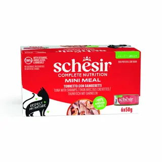 Schesir Complete Nutrition, filet w galarecie, 6 x 50 g w puszce - Tuńczyk z krewetkami