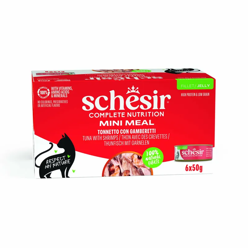 Schesir Complete Nutrition, filet w galarecie, 6 x 50 g w puszce - Tuńczyk z krewetkami