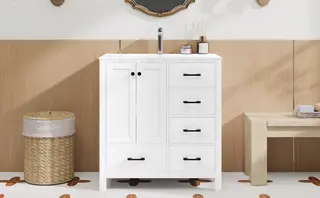 76*46*82 cm, wolnostojąca szafka łazienkowa z umywalką, w całości lakierowana, kilka szuflad do przechowywania, regulowane półki, wbudowana umywalka..