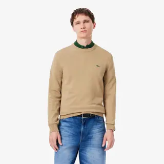 Lacoste Jednokolorowy Bawełniany Sweter Z Okrągłym Dekoltem Brązowy Męskie Beżowy