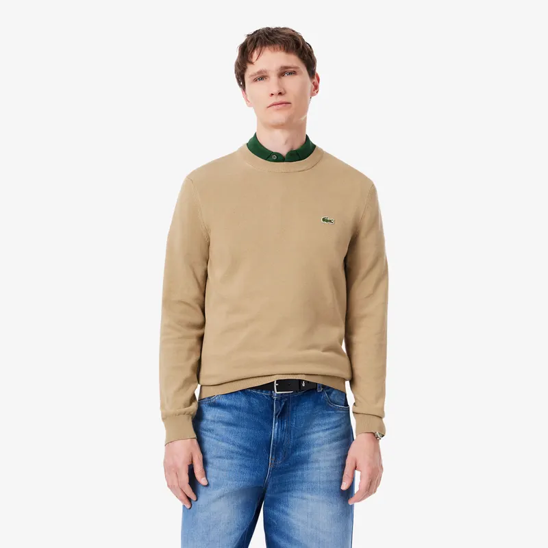 Lacoste Jednokolorowy Bawełniany Sweter Z Okrągłym Dekoltem Brązowy Męskie Beżowy