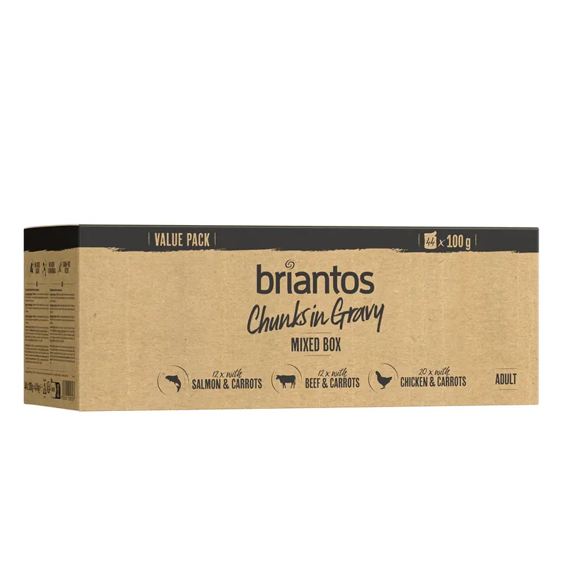 Korzystny pakiet Briantos Chunks w sosie, 44 x 100 g - Pakiet mieszany (kurczak, wołowina i łosoś)