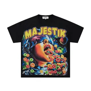 MAJESTIK Retro Style Beaded Letter Short-Sleeved T-Shirt - Loose Fit Cartoon Print Casual Shirt for Men and Women, Trendy