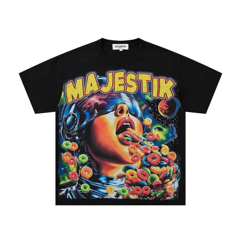 MAJESTIK Retro Style Beaded Letter Short-Sleeved T-Shirt - Loose Fit Cartoon Print Casual Shirt for Men and Women, Trendy