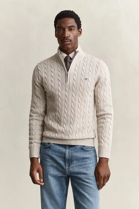 Gant Bawełniany Sweter Męski W Warkocze Half Zip Beżowy