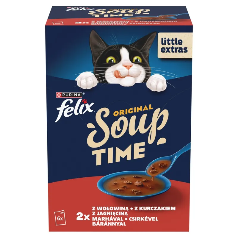 PURINA Felix Original Soup Time Box Wiejskie smaki Wołowina, jagnięcina, kurczak - mokra karma dla kota - 6x48g