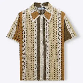 Men's American Retro Color Block Hollow Out Knit Polo Cardigan European Style Striped Crochet Short Sleeve Knit Shirt Summer