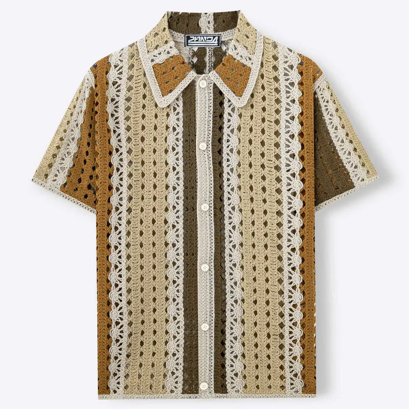Men's American Retro Color Block Hollow Out Knit Polo Cardigan European Style Striped Crochet Short Sleeve Knit Shirt Summer