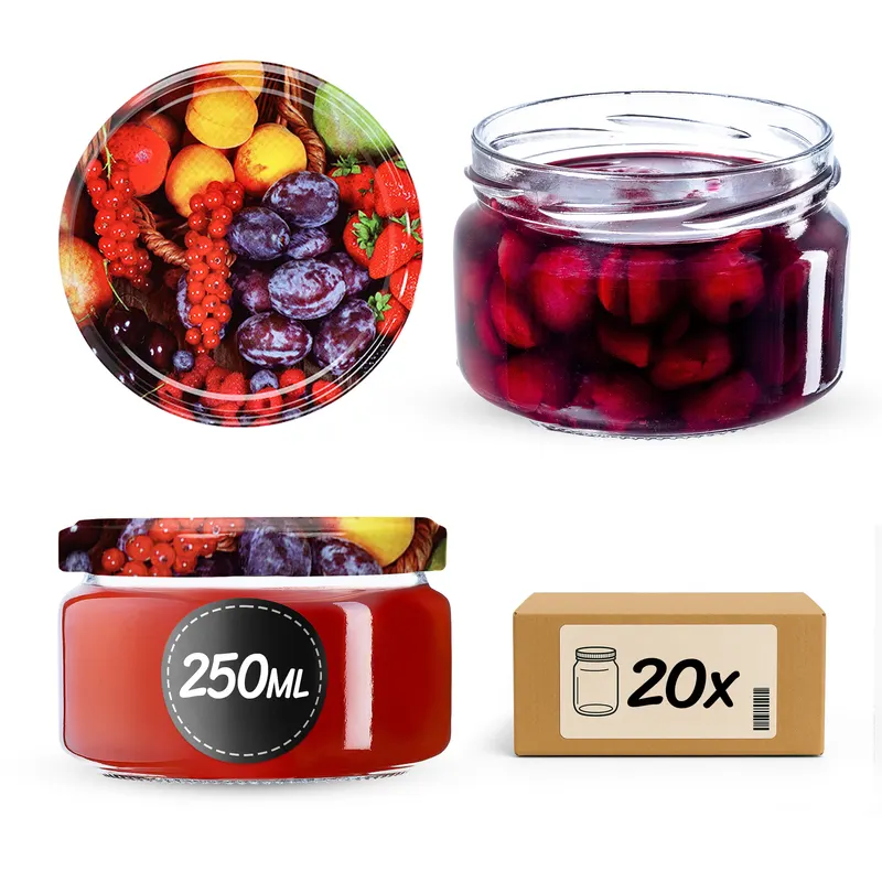 Słoiki na przetwory Denia 250ml 20szt fi 82 mm + wieczko "Mix Owoców"