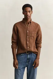 Gant Lniana Koszula Męska Z Długim Rękawem Regular Fit Brązowa