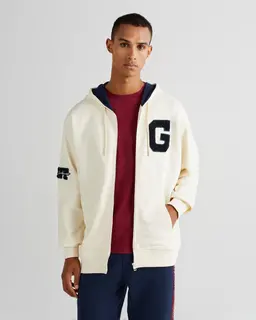 Gant Bawełniana Bluza Męska Z Zamkiem Z Nadrukiem Relaxed Fit Kremowa