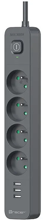 Listwa zasilająca Tracer Power Line+ 1.5m 4 gniazda + 3x USB-A Grafitowa