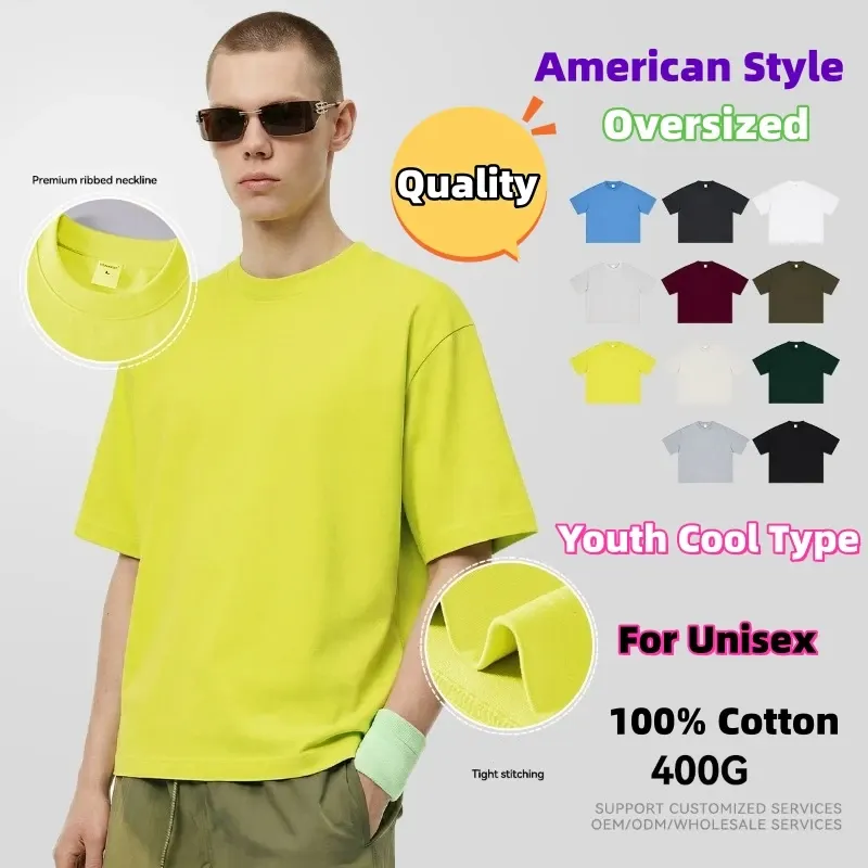 Youth Boy 100% Cotton T-shirt Popular Trendy American Style Retro Silhouette Short Sleeved Unisex 400G Heavyweight Loose T Shirt