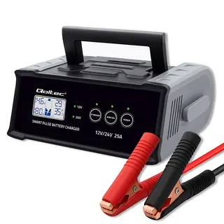 Qoltec Mikroprocesorowa ładowarka 12V 24V 25A | Prostownik z funkcją naprawy do akumulatora AGM GEL SLA | LCD
