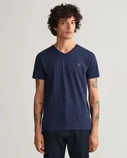 Gant Bawełniany T-Shirt Męski Z Dekoltem V Slim Fit Granatowy