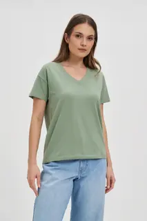 Bawełniany t-shirt z dekoltem w serek oliwkowy