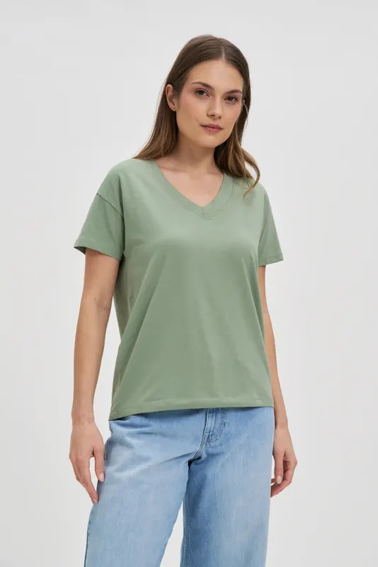 Bawełniany t-shirt z dekoltem w serek oliwkowy