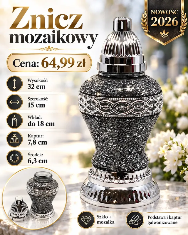 ZNICZ MOZAJKOWY SREBRNY 32 CM – ELEGANCKI LAMPION PREMIUM