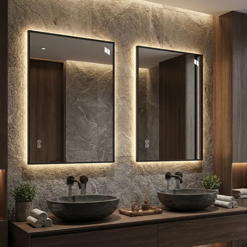 Lustro łazienkowe LED 50x70 cm z ramą aluminiową, podświetlenie tylne, funkcja przeciwmgielna, 3 kolory światła, bezstopniowa regulacja jasności, fu..