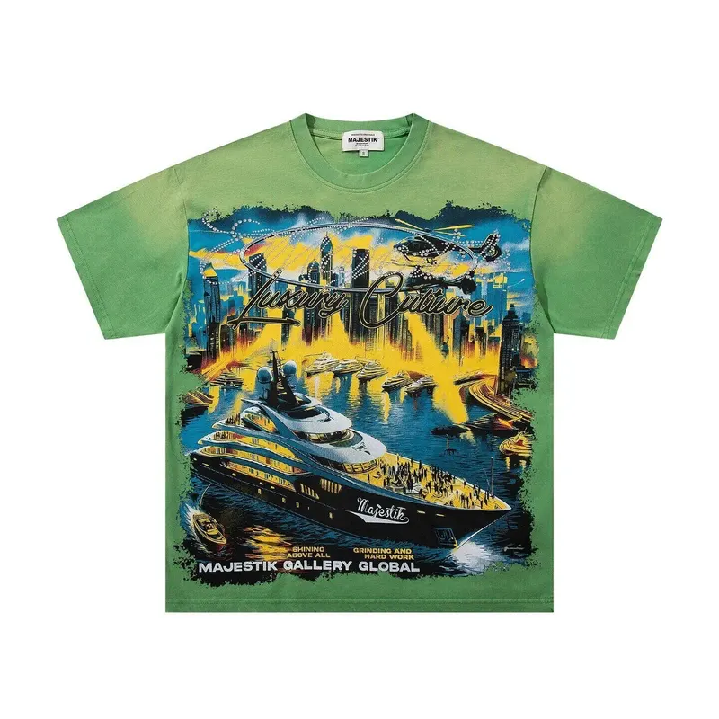 MAJESTIK Street Style Retro Print Short-Sleeved T-Shirt - Men's and Women's Weathered Loose Top with Stamped Diamonds