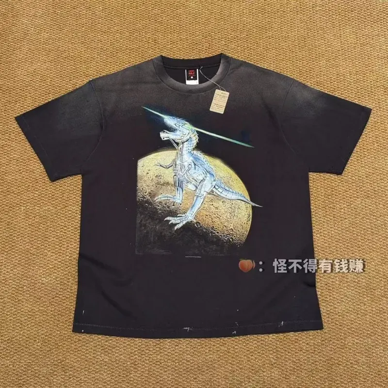Authentic SAINT Black Mechanical T-Rex Vintage Print Tee Summer Fashion Washed Hip-Hop Casual Tops